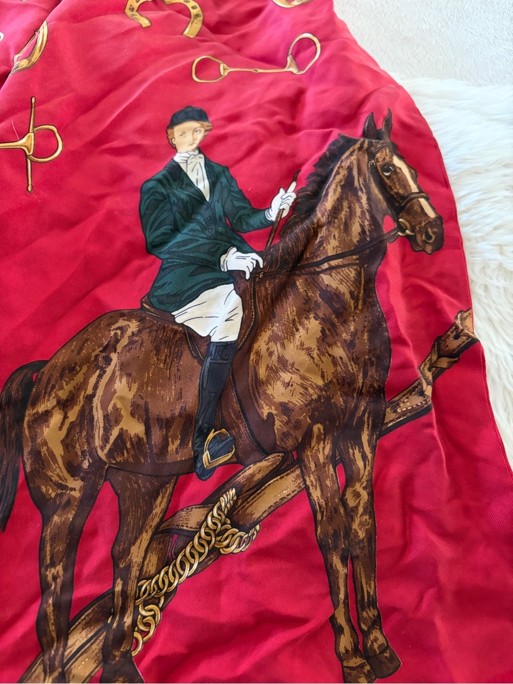 Equestrian Print Red Silk Scarf by Ralph Lauren Vintage ascot - Picture 10 of 14